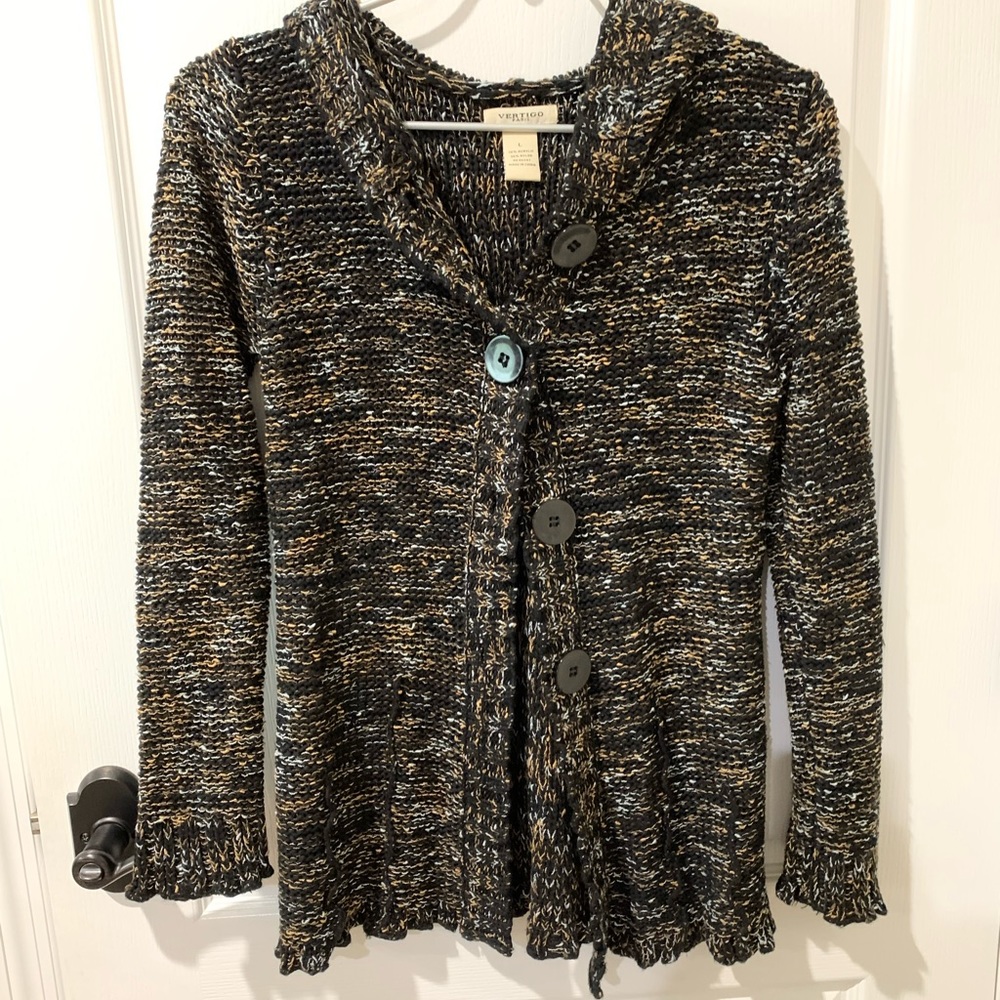Vertigo Paris Marled Knit Cardigan with Hoodie and Ruffled Cuffs Sz L